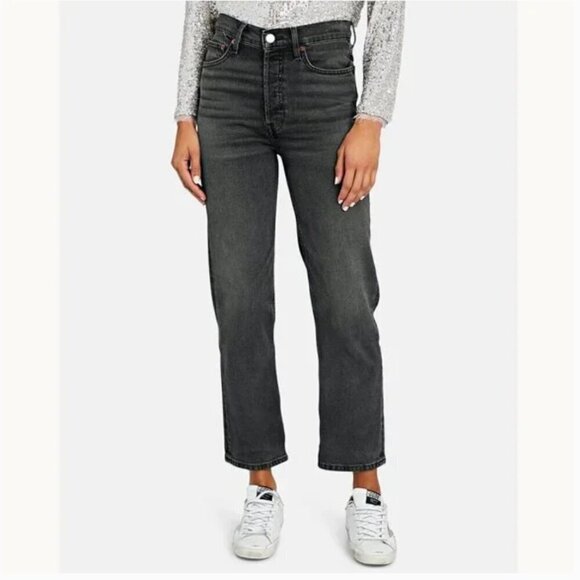 Re/Done 70s High Rise Stove‎ Pipe Straight Button Fly Jeans Inky Black size 29 - Picture 1 of 9